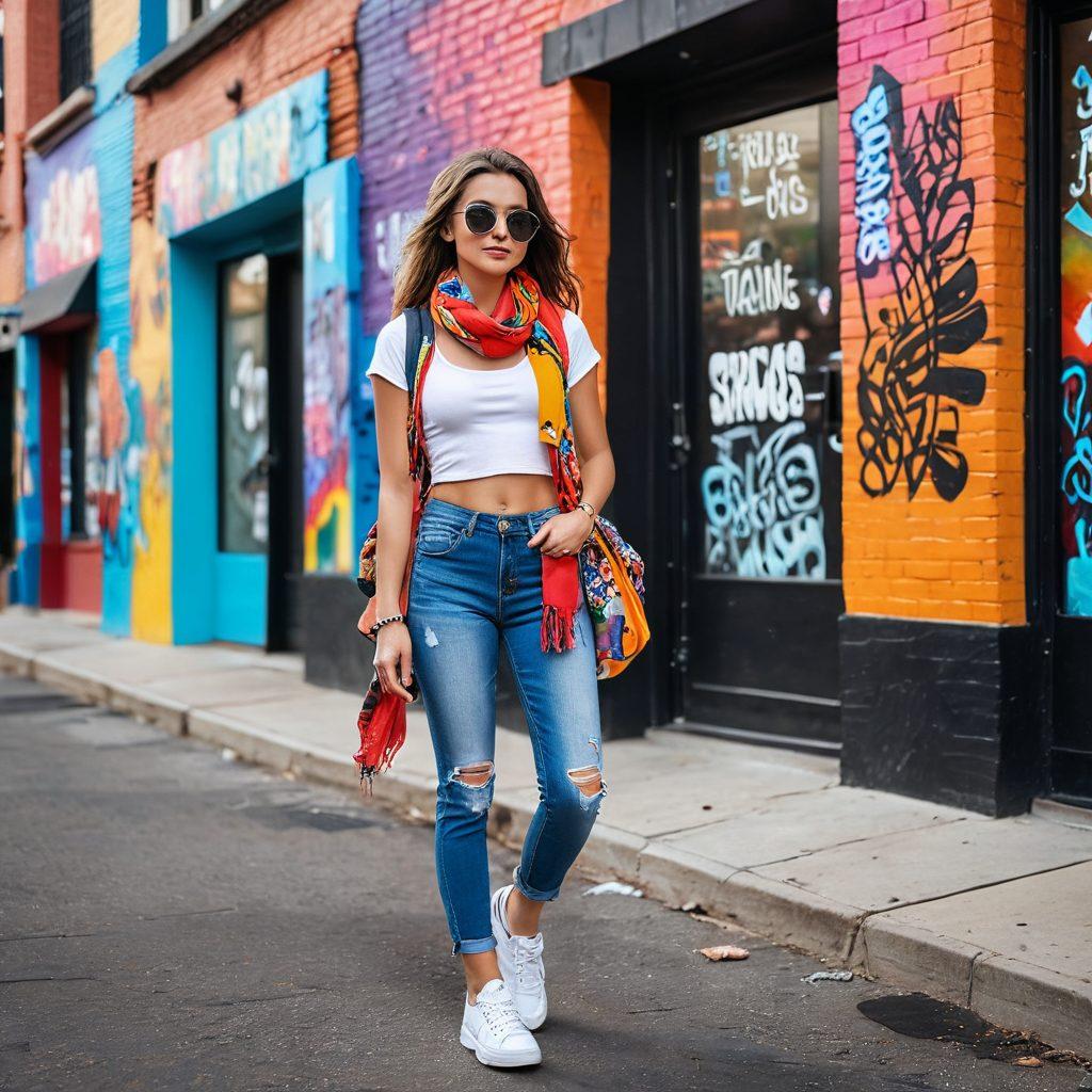 A petite teenage girl confidently strutting in an urban cityscape, wearing trendy outfits that highlight her small frame - cropped tops, high-waisted jeans, and stylish sneakers. Surrounding her are vibrant, fashionable elements like oversized sunglasses, a chic backpack, and a colorful scarf. The background is filled with trendy boutiques and street art. super-realistic. vibrant colors.