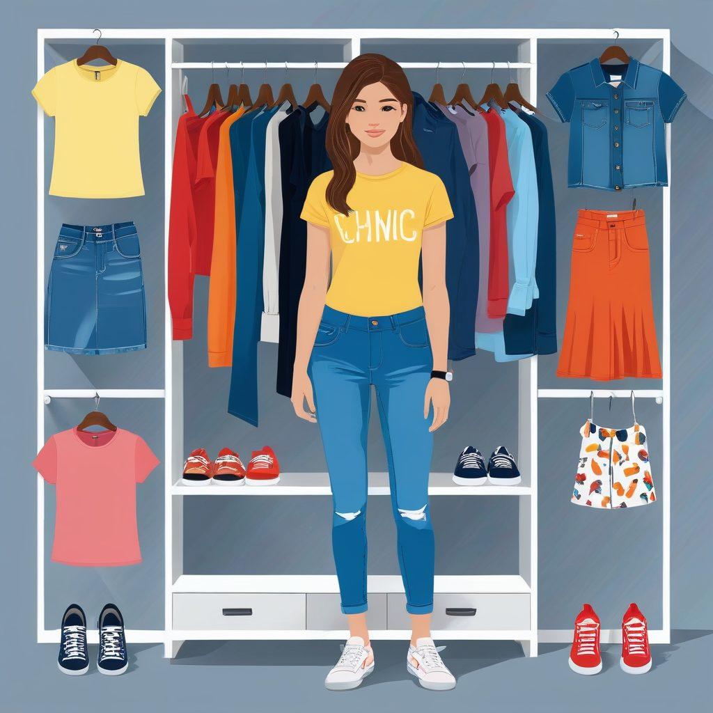 A stylish teenage girl with a petite frame modeling various outfits, showcasing a progression from casual wear, like jeans and a t-shirt, to chic attire such as a trendy dress with accessories. The background should suggest a wardrobe or boutique setting. Bright and modern colors. vector art.